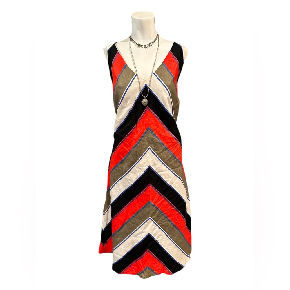 Ashley Stewart Dress Womens Linen blend nauticSleeveless V Neck Stripe M/L